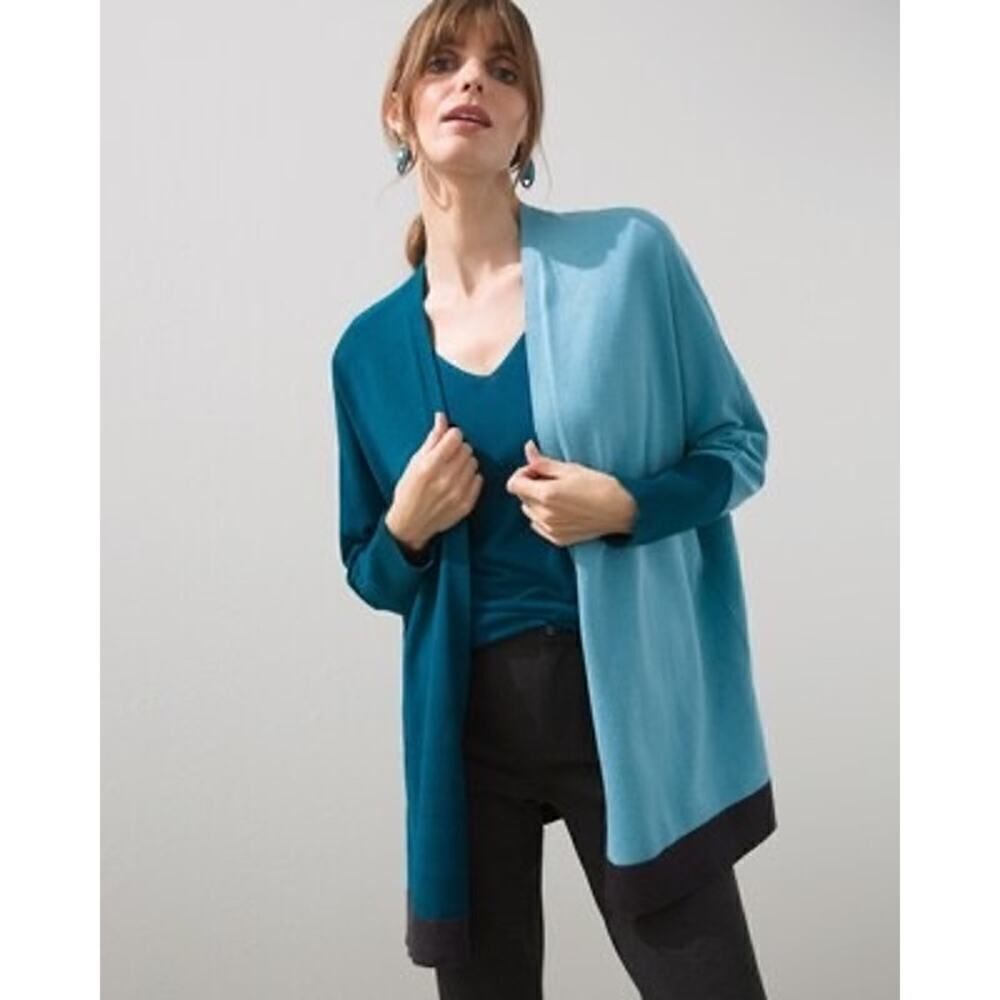 Chico’s Teal & Blue Colorblock Open Front Cardigan S/M Soft Stylish Knit Fall